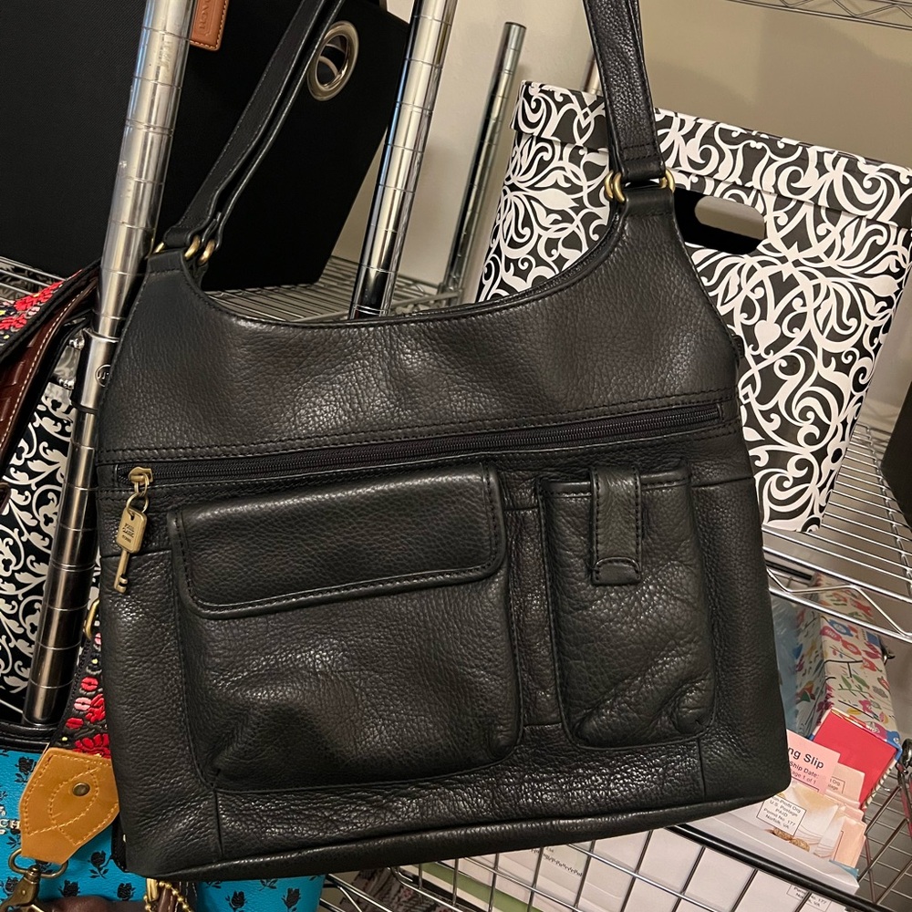 Fossil Black Pebbled Leather Tote Bag